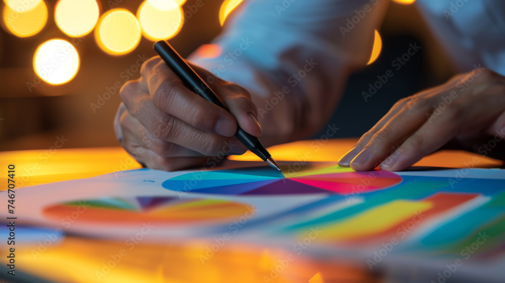 Poster a close-up view of a hand holding a pen over colorful pie charts and graphs, symbolizing data analys