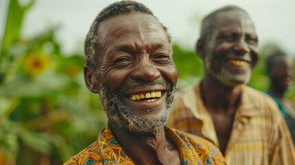 Group of African villager men laughing and happy at a farm. - obrazy, fototapety, plakaty