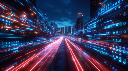 Fototapeta na wymiar futuristic cityscape at night, with streaks of red and blue traffic lights on the road, overlaid with glowing digital binary code streaming through the air