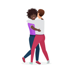 Happy dance of young people, excited characters dancing and hugging vector illustration
