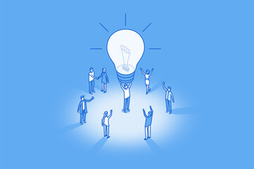 Inspiration, light bulb glow in team leader hands. Happy brainstorm result. Isometric vector business illustration. Small people characters develop creative idea. Startup, teamwork leadership concept. - 746707698