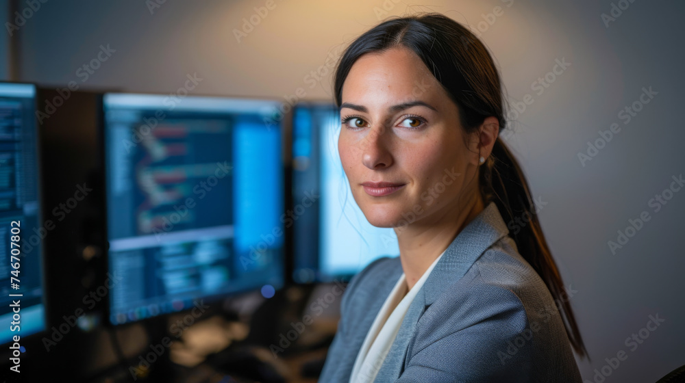 Poster a professional woman is seated in front of multiple computer monitors displaying financial data, sug