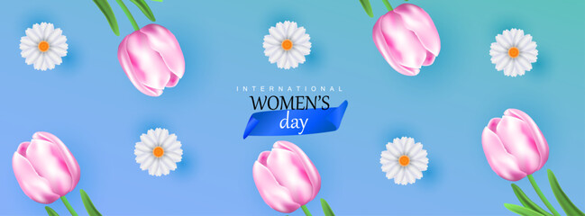 Happy women's day banner vector background with flowers. International female blue illustration with tulips. Spring design. - 746708048