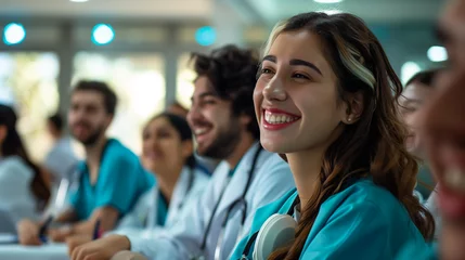 Fotobehang smiling cheerful nurse doctor sit relax in seminar training class nurse doctor group happiness positive face expression in education class hospital background © Muhammad