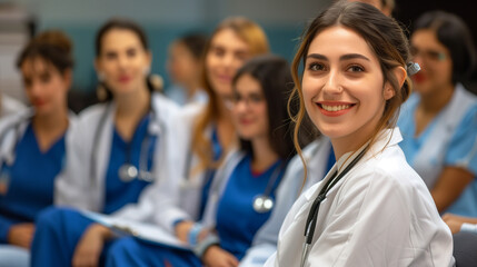 smiling cheerful nurse doctor sit relax in seminar training class nurse doctor group happiness positive face expression in education class hospital background - obrazy, fototapety, plakaty