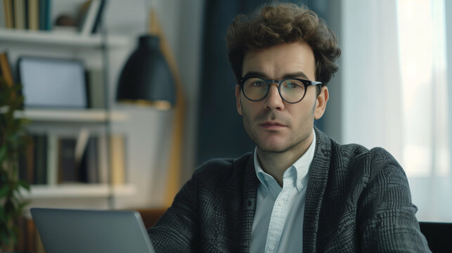 Serious businessman, freelancer in eyeglasses sits at desk staring at laptop screen learn new program, review app, do telework, search issue solution, think on answer, consider received information