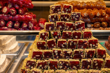 Traditional turkish delights at the market counter