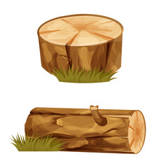 Set forest wooden stump tree trunk cut section and log with grass isolated. Plant detailed