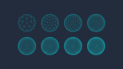 3D Geometric shapes set, editable stroke wireframe. Line mesh spheres, geodesic dome. Vector outline figure collection, linear form, graphic design element. Architectural surface, organic concept. - obrazy, fototapety, plakaty