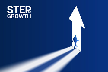 Step to Growth Business concept illustration. Businessman silhouette passes through the arrow up form open door. Success path, goal way, lieder man right choice. Freedom, bright solution, opportunity - 746708477