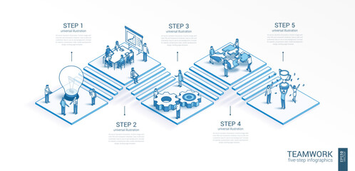 3d line isometric teamwork infographic template. Office work. success, communication presentation layout. 5 option steps, process parts, growth concept. Business people team. Cooperation, trophy icon.