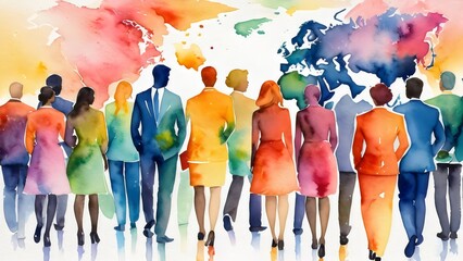 Vibrant watercolor painting showcasing diverse teamwork of businesspeople divers. Abstract art for dynamic corporate concepts.