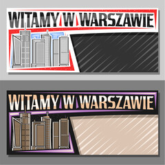 Vector banner for Warszawa with copy space, decorative layout with illustration of european warszawa city scape on day and dusk sky background, art design tourist card with words witamy w warszawie - obrazy, fototapety, plakaty