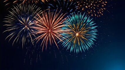 Obraz premium Abstract fireworks background with space for text. Dynamic bursts of color ideal for celebrations, events, and festive occasions.