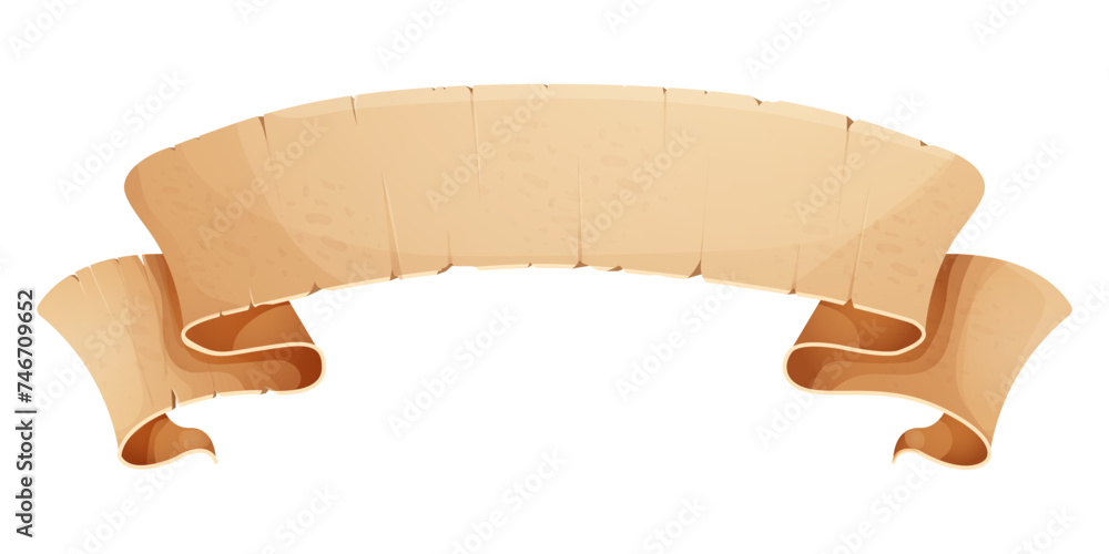 Wall mural parchment paper scroll ribbon, old vintage banner game ui element isolated on white background.