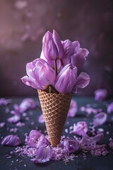 The cone is filled with delicately lilac tulips. Blurred background. Wallpaper, background	