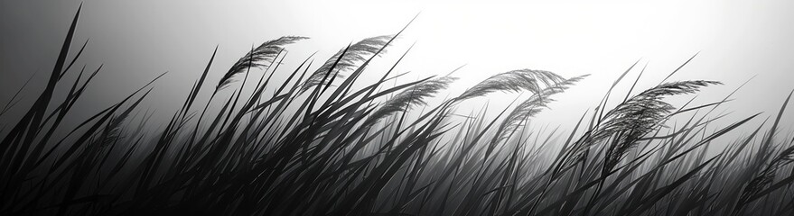 black and white grass field on a windy day. Minimal beautiful nature