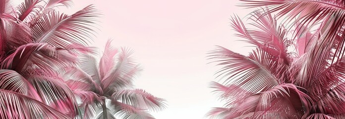 light pink and dark green palm leaves on pastel pink background with copy space. Summer holidays vibes