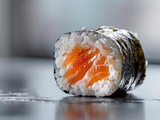 Salmon maki roll with white backdrop. Isolated