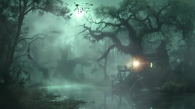 dark and cursed swamp with twisted trees, Seamless looping 4k video background animation
