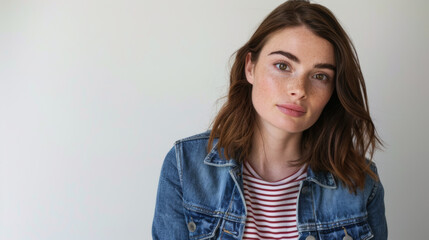 A person with a skeptical expression, wearing a denim jacket and a striped shirt, raises an eyebrow in a questioning manner.
