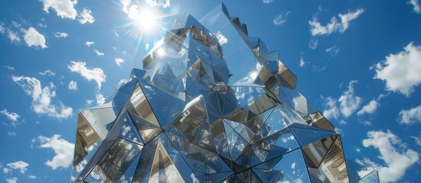The suns rays penetrate the glass walls of a towering skyscraper, casting a brilliant glow throughout the interior. The transparent structure reflects the clear blue sky, creating a dazzling display