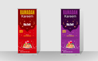 Happy Ramadan Roll Up Banner design. Ramadan special food banner. Food Menu Rollup Template.