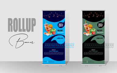 Happy Ramadan Roll Up Banner design. Ramadan special food banner. Ramadan Food Menu Template.