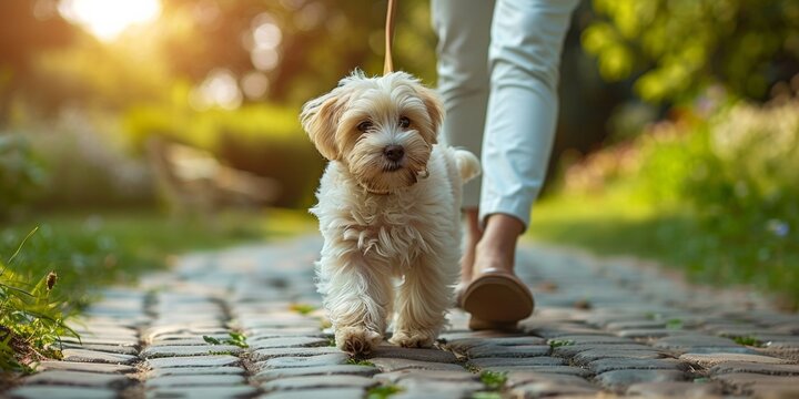 On a sunny day in the park, a young woman enjoys a leisurely walk with her adorable white Maltese puppy.