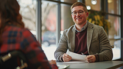 A cheerful businessman in eyeglasses is having an engaging conversation, displaying a joyful demeanor during a meeting in a bright office environment.