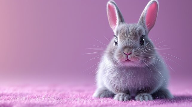 a cute 3d easter bunny on a light purple background, space for copy