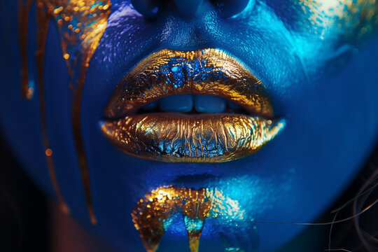 Gold paint drips from the sexy lips of a woman amazing face, zoomed out, golden liquid drops on beautiful model girl's mouth, creative abstract dark blue skin makeup. Beauty woman fully visible face