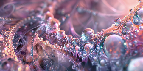 Ethereal fractal art with iridescent bubbles and delicate filigree. - obrazy, fototapety, plakaty