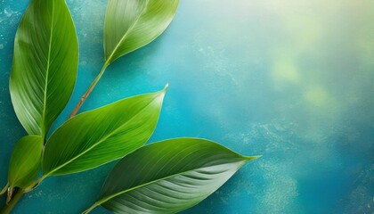 a blue and green background and leaves