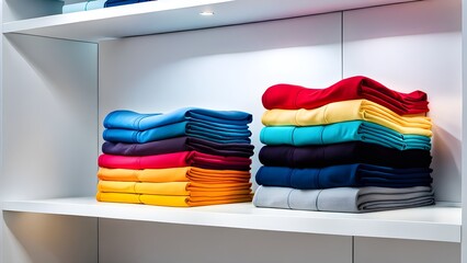 Colorful t-shirts folded on shelves at store. Fashion design	
