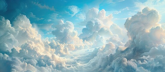 The sky is the main focus, filled with clouds of various shapes and sizes. The clouds create a dynamic and ever-changing scene as they move across the canvas, capturing the viewers attention with - obrazy, fototapety, plakaty