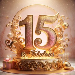 15th Birthday Elegance: Golden Cake and Glitter Celebration