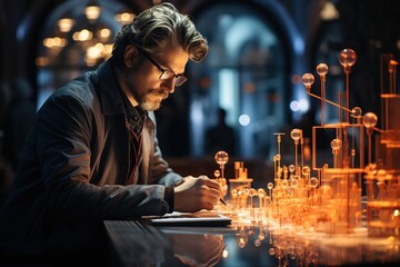business man working on laptop with sketch design, in the style of circuitry, light indigo and brown, projection mapping, hsm art, three-dimensional puzzles, century, academic precision