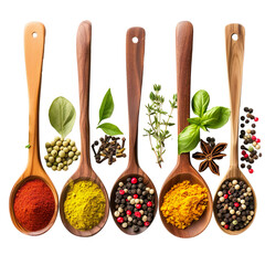 Fresh herbs and dried colorful spices in spoons and bowls arranged geometrically Isolated on transparent background.