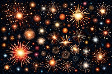 Naklejka premium Festive patterned firework bursting in various shapes sparkling pictograms set against checkered background abstract vector