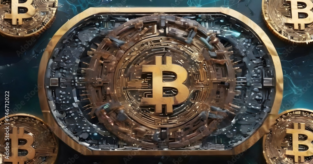 Poster a digital rendering of bitcoin enveloped in liquid gold, symbolizing luxury and wealth. the merging 