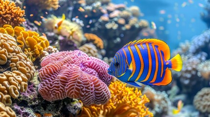 Fototapeta na wymiar Colorful angelfish swimming among vibrant corals in a saltwater aquarium environment