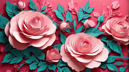 3d illustration  pink rose on blue background paper art design made of paper on a pink background. 3d rendering