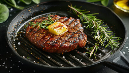 Appetite: Big beef steak, perfectly roasted with rosemary herbs and pepper, sizzling on a cast iron grill pan. Enhanced with coarse salt for added flavor. A healthy meat dish, rich in protein capture.