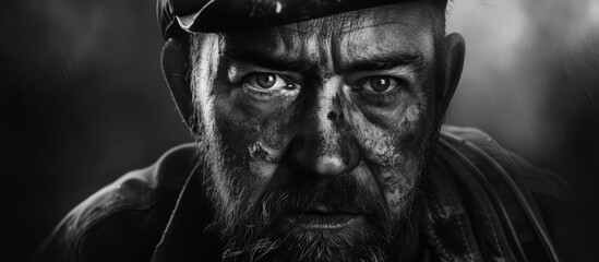 A Ukrainian coal miner standing ready for hard work and dedication, wearing a helmet and sporting a beard on his face. He exudes a sense of strength and resilience in the industrial setting.
