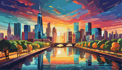 American big city landscape on the sunset - obrazy, fototapety, plakaty