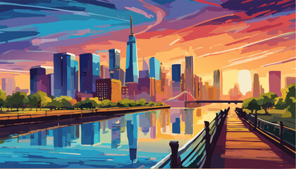 Naklejka premium American big city landscape on the sunset