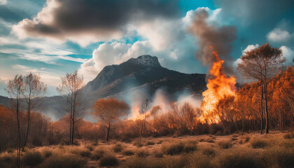 Fototapeta premium Dangerous fire in forest, burning trees and hills, natural disaster, environmental problem, wildfire