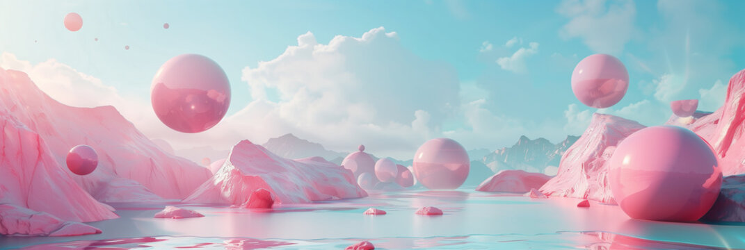 Surreal landscape with floating pink spheres over a reflective water surface.