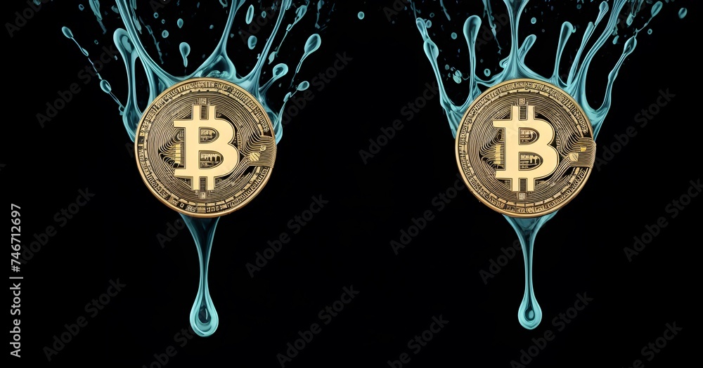 Poster a singular bitcoin coin emerges from a deep blue liquid, representing the depth and vastness of the 